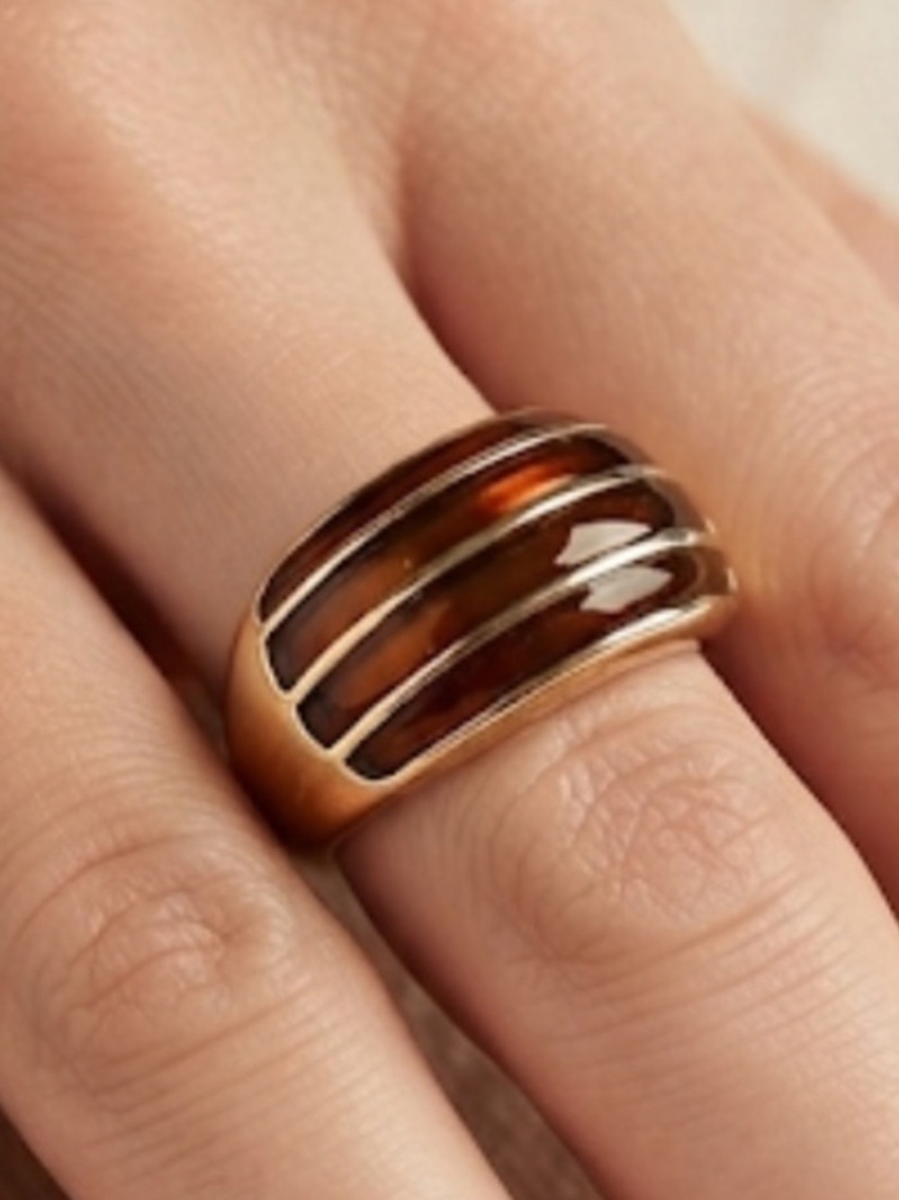 Gold-Tone Ring with Brown Enamel Inlay